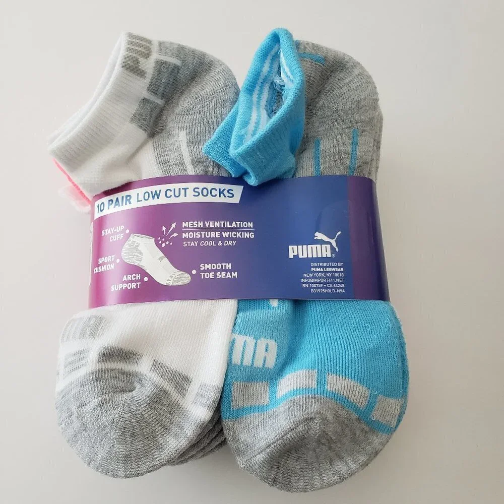 NWT - Girls Puma Youth No Show Socks, 10-pair - Size M- Fits shoe size 9 - 3.5